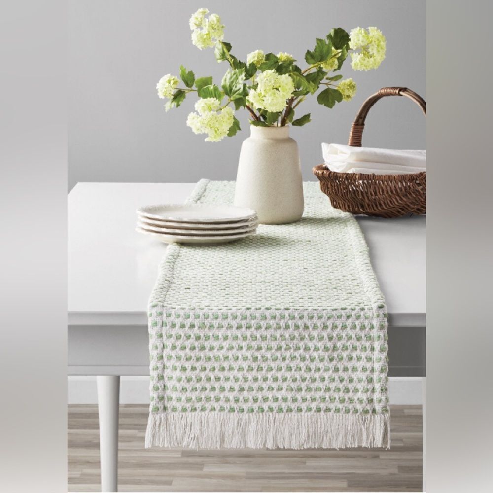 14" x 72" table runner.  Boho sage/cream textured & fits most any decor type